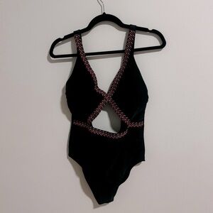 Black one piece swimsuit with colorful details
